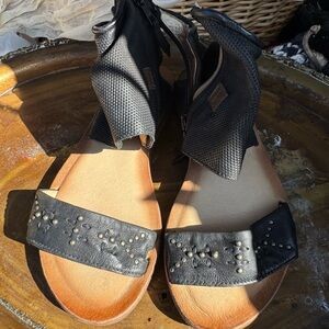 Miz Mooz Black Studded Ankle-Wrap Sandals